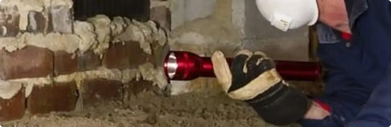 Pest control technician inspecting a crawl space for ant activity in Hallsville, MO