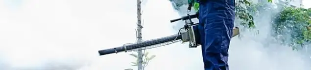 Pest control technician fogging an outdoor area for insect control in Columbia, MO